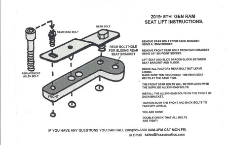 Ram seat-lift installation diagram showing spacer placement, retained rear bolts and replacement front bolts