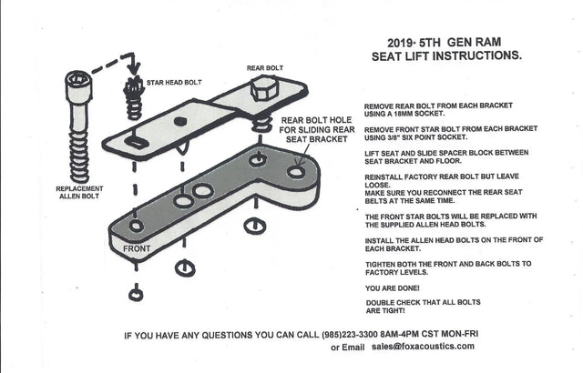 Ram seat-lift installation diagram showing spacer placement, retained rear bolts and replacement front bolts