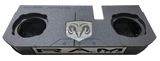 Black enclosure with two round speaker openings and a large RAM emblem on the front
