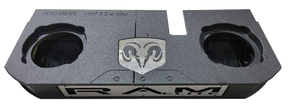 Black enclosure with two round speaker openings and a large RAM emblem on the front