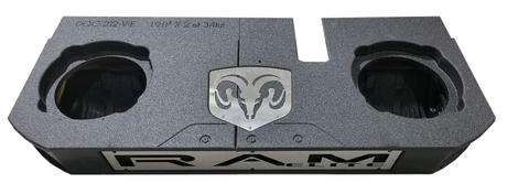 Black enclosure with two round speaker openings and a large RAM emblem on the front