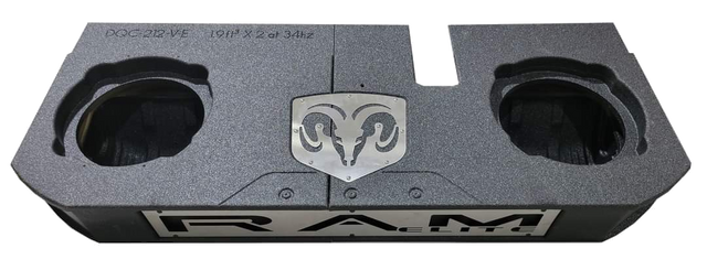 Black enclosure with two round speaker openings and a large RAM emblem on the front