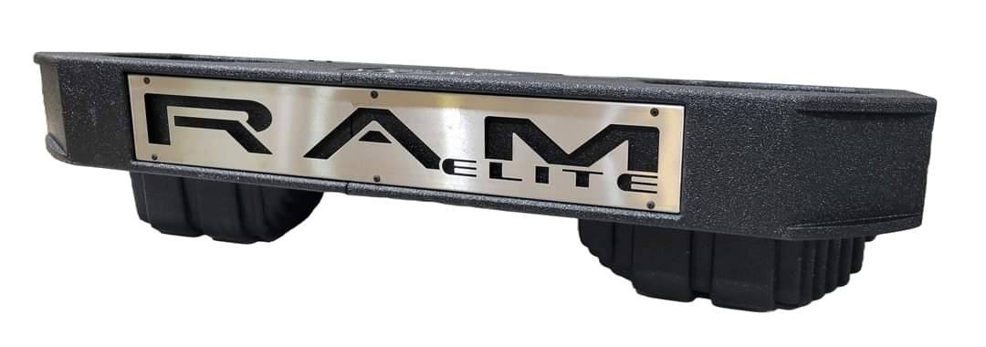 Black subwoofer enclosure with a metallic RAM ELITE front panel