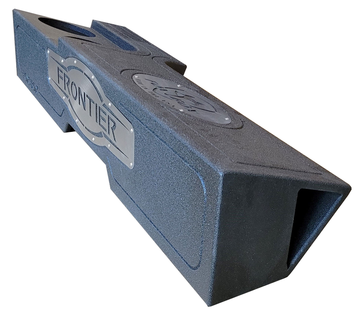 Angled view of a Fox Box FRONTIER enclosure showing its large rectangular end port