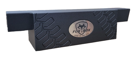 Fox Box subwoofer enclosure with a tire-tread pattern and central logo, front view