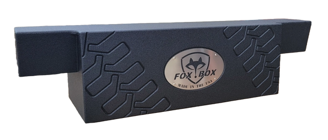 Fox Box subwoofer enclosure with a tire-tread pattern and central logo, front view