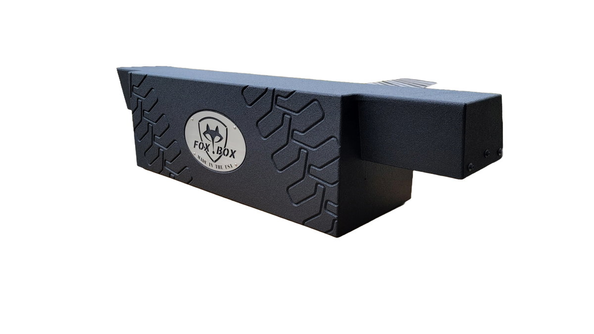 Fox Box subwoofer enclosure with a tire-tread pattern, angled side view