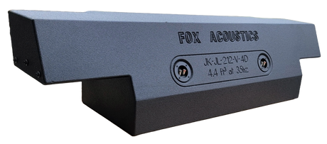 Rear view of the Fox Acoustics JK-JL-212-V-4D enclosure showing its model marking and two terminal cups