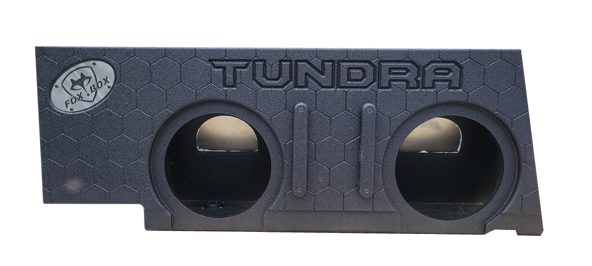 Fox Box enclosure with two speaker openings and TUNDRA lettering, front view