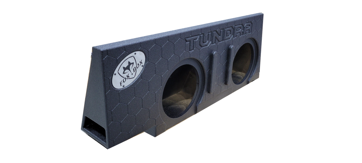 Fox Box enclosure with TUNDRA lettering, two speaker openings and a side port, angled view