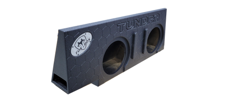 Fox Box enclosure with TUNDRA lettering, two speaker openings and a side port, angled view