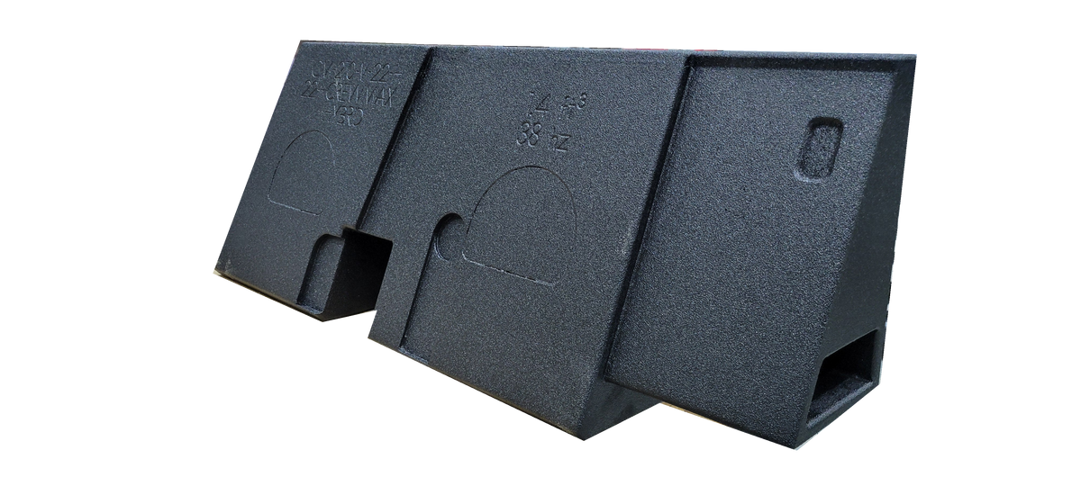 Rear view of a molded Fox Box enclosure showing recessed panels, a center notch and an end port