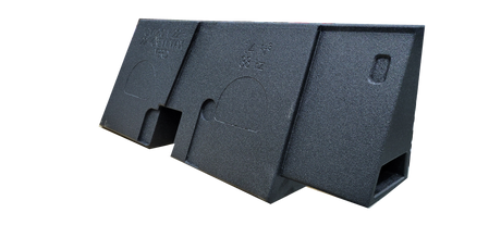 Rear view of a molded Fox Box enclosure showing recessed panels, a center notch and an end port