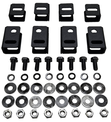 Seat-lift brackets, bolts, nuts and washers arranged by component type