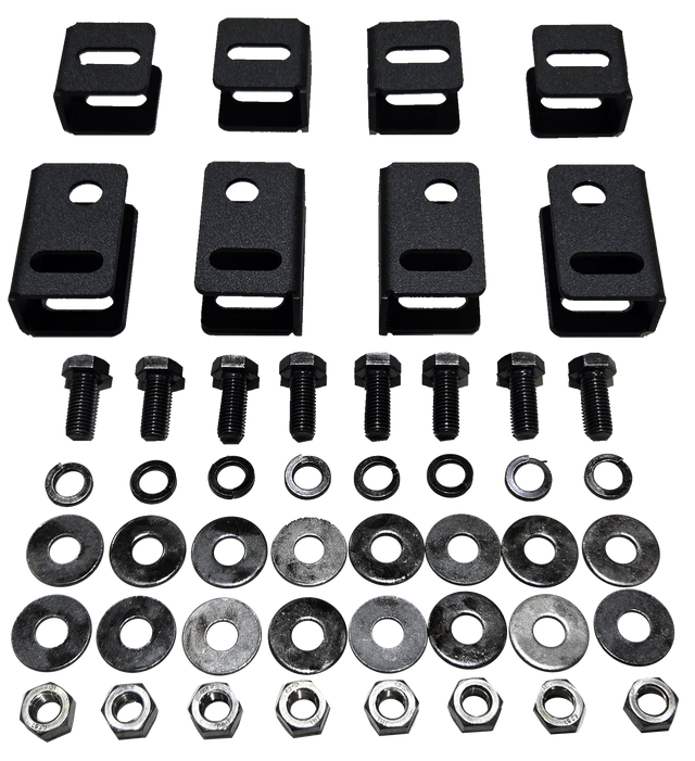 Seat-lift brackets, bolts, nuts and washers arranged by component type