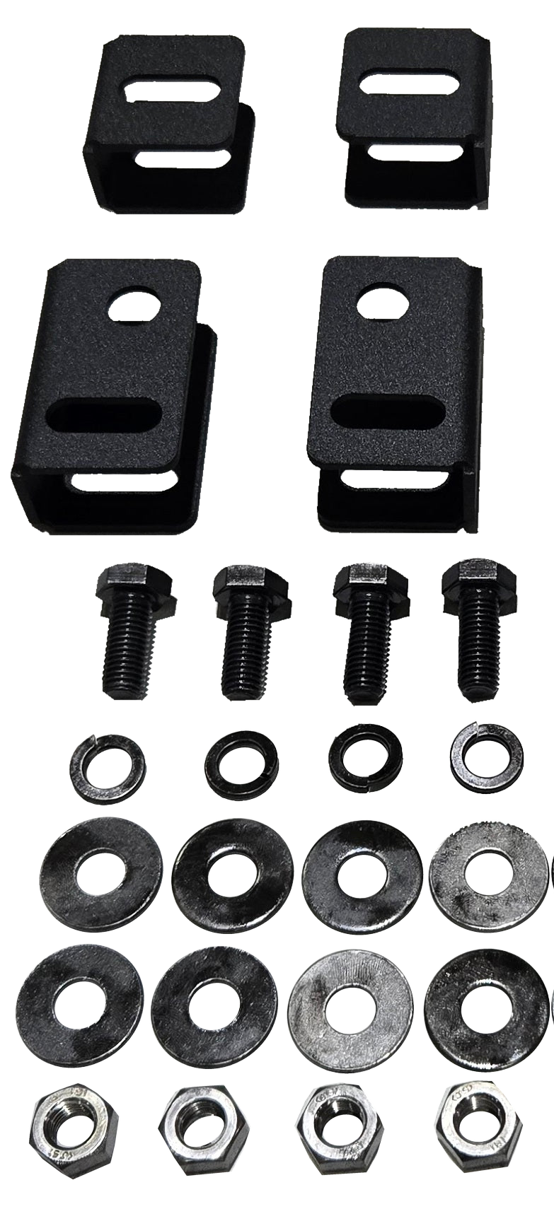 Four black seat-lift brackets arranged with bolts, washers and nuts