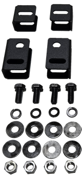 Four black seat-lift brackets arranged with bolts, washers and nuts