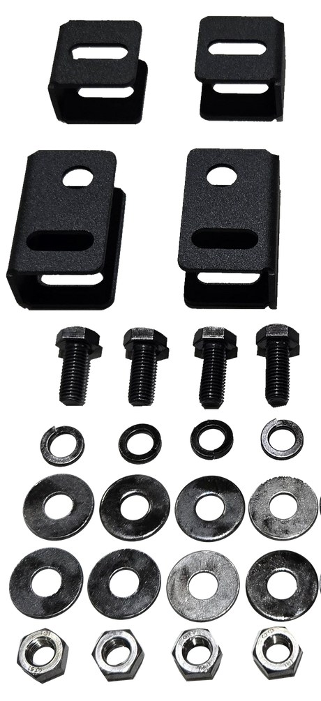 Four black seat-lift brackets arranged with bolts, washers and nuts