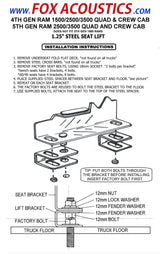 Fox Acoustics seat-lift installation sheet showing bracket and bolt assembly, with a warning excluding fifth-generation Ram 1500 trucks