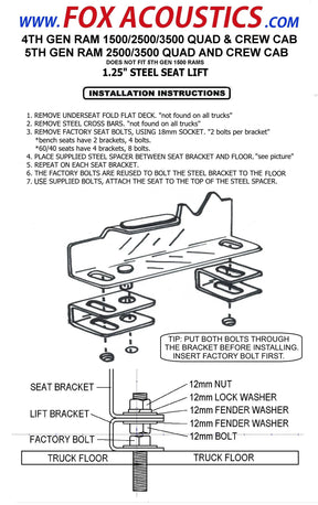 Fox Acoustics seat-lift installation sheet showing bracket and bolt assembly, with a warning excluding fifth-generation Ram 1500 trucks