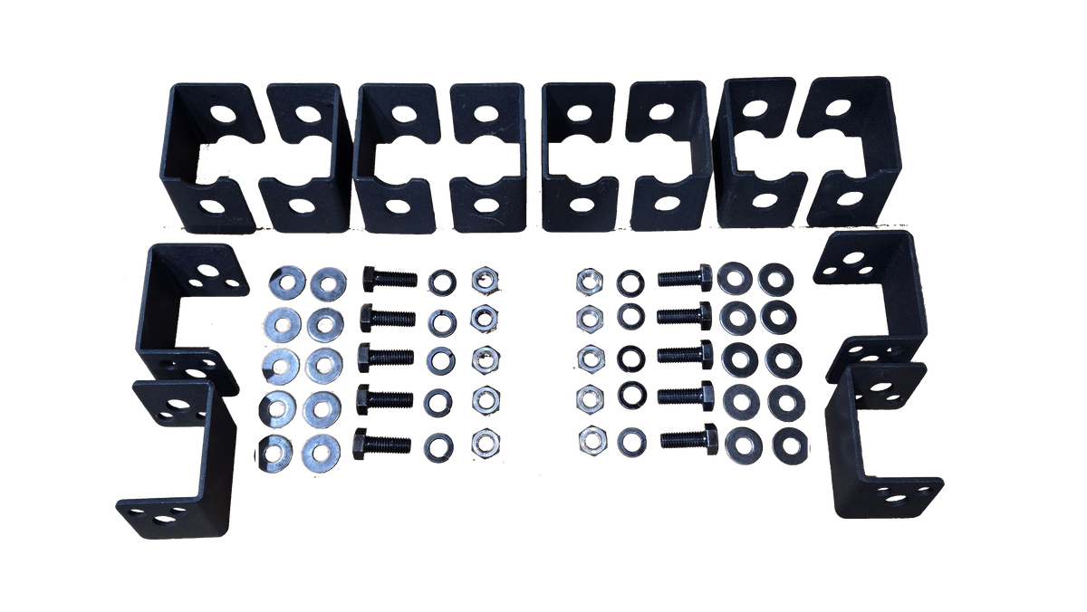 Seat-lift hardware layout showing shaped black brackets, bolts, washers and nuts