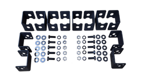 Seat-lift hardware layout showing shaped black brackets, bolts, washers and nuts
