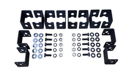 Seat-lift hardware layout showing shaped black brackets, bolts, washers and nuts