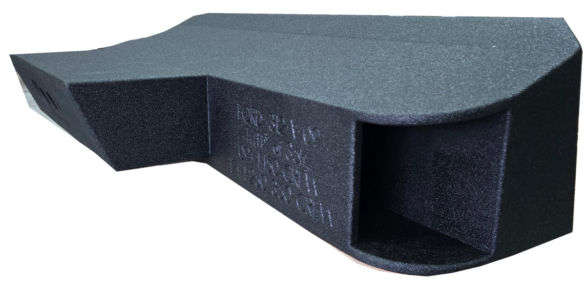 Angled view of a black subwoofer enclosure showing a large rectangular end port