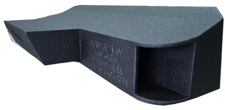 Angled view of a black subwoofer enclosure showing a large rectangular end port