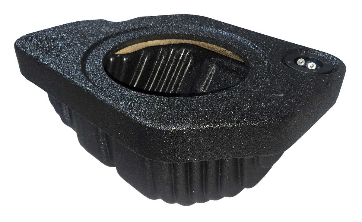 Black enclosure with one round speaker opening, a terminal cup and a ribbed lower housing