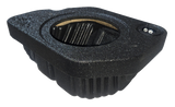 Black enclosure with one round speaker opening, a terminal cup and a ribbed lower housing