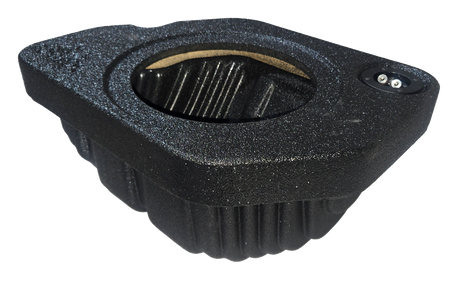Black enclosure with one round speaker opening, a terminal cup and a ribbed lower housing