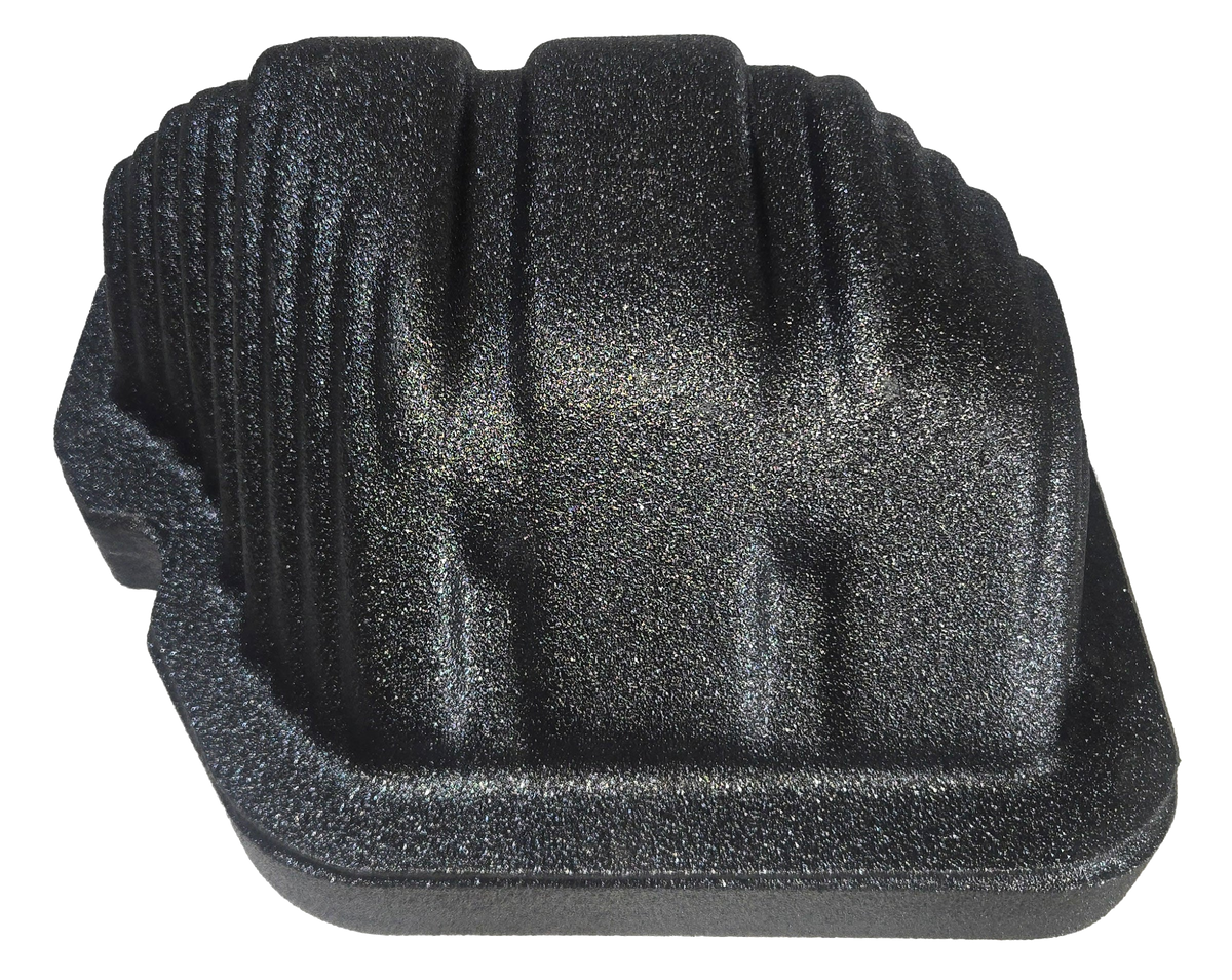 Underside view of a black enclosure showing its rounded ribbed housing