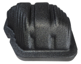 Underside view of a black enclosure showing its rounded ribbed housing