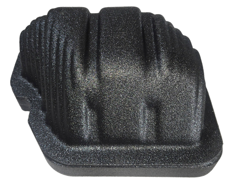 Underside view of a black enclosure showing its rounded ribbed housing