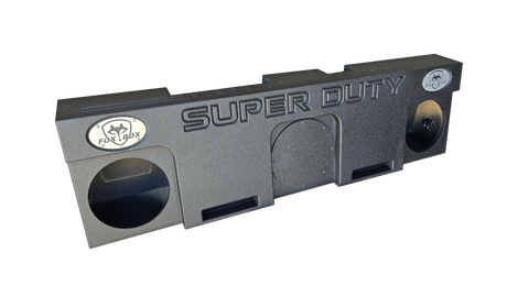 Fox Box enclosure with SUPER DUTY lettering, round speaker openings and two rectangular lower ports
