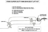 Ford Super Duty 1999–2016 seat-lift diagram showing 12 mm hardware and the factory seat-belt bracket position