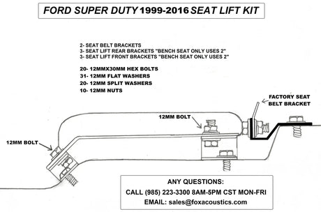 Ford Super Duty 1999–2016 seat-lift diagram showing 12 mm hardware and the factory seat-belt bracket position