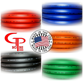 GP No BS wire color collage with red, blue, orange, black and green cable and a Made in the USA emblem