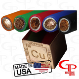 GP copper cable graphic showing exposed copper strands in five jacket colors, a copper symbol and Made in USA badge