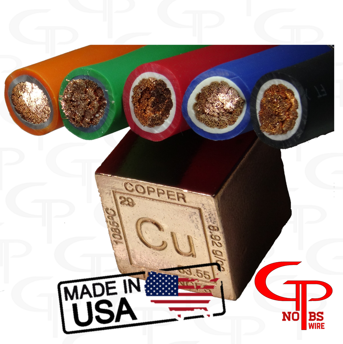 Cut ends of GP Merica power cables in five colors showing copper strands and layered insulation