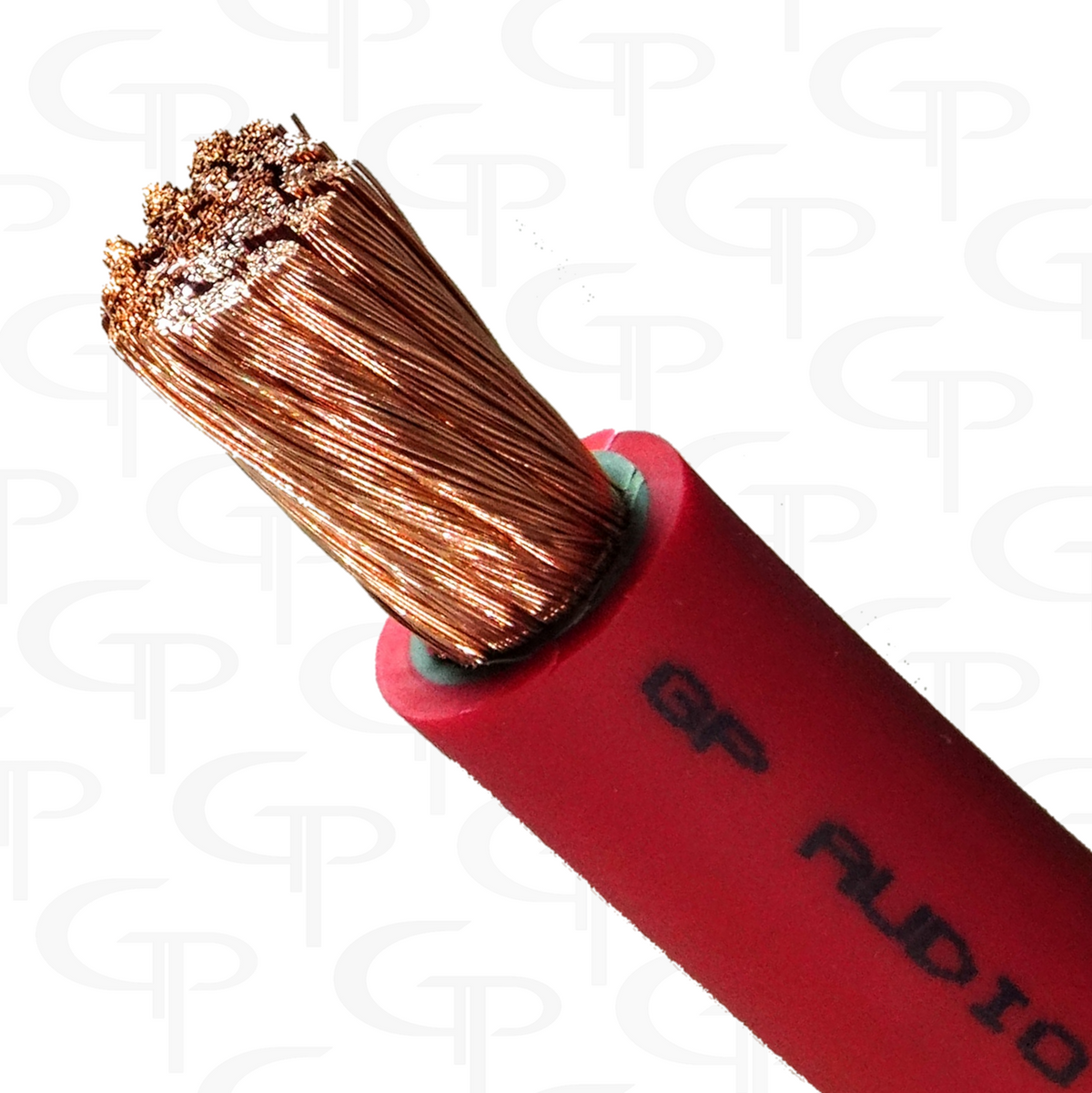 Close-up of copper strands exposed at the end of red GP Merica power cable