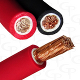 Close-up comparison of red and black power cable cross-sections, including exposed copper strands