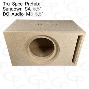 TRU SPEC single-opening enclosure graphic labeled for Sundown SA and DC Audio M3 6.5-inch subwoofers