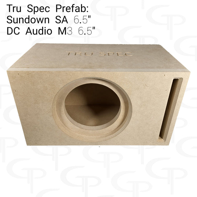 TRU SPEC single-opening enclosure graphic labeled for Sundown SA and DC Audio M3 6.5-inch subwoofers