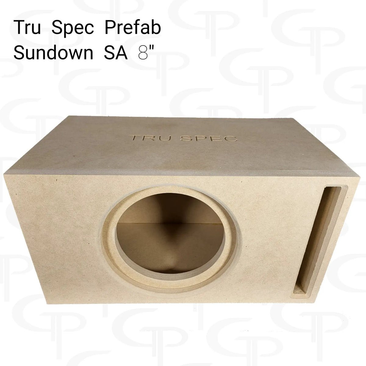 TRU SPEC enclosure graphic labeled for the Sundown SA 8-inch subwoofer, showing its round front cutout and slot port
