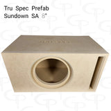 TRU SPEC enclosure graphic labeled for the Sundown SA 8-inch subwoofer, showing its round front cutout and slot port