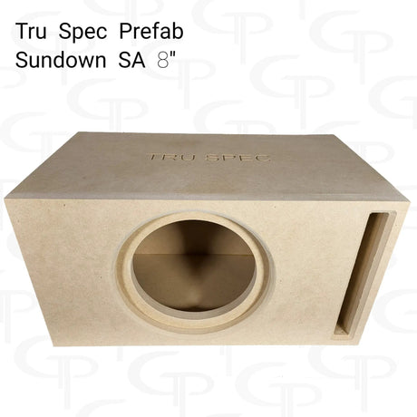 TRU SPEC enclosure graphic labeled for the Sundown SA 8-inch subwoofer, showing its round front cutout and slot port