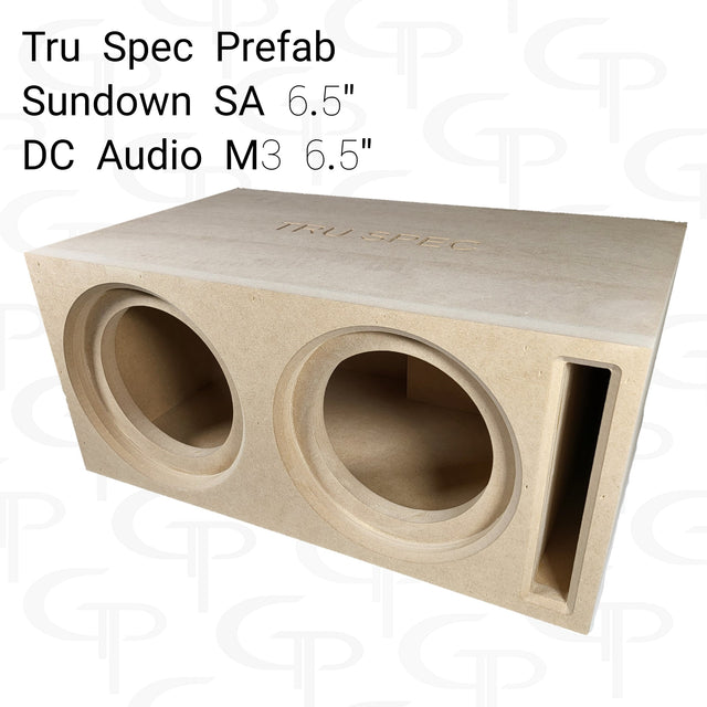 TRU SPEC dual-opening enclosure graphic labeled for Sundown SA and DC Audio M3 6.5-inch subwoofers