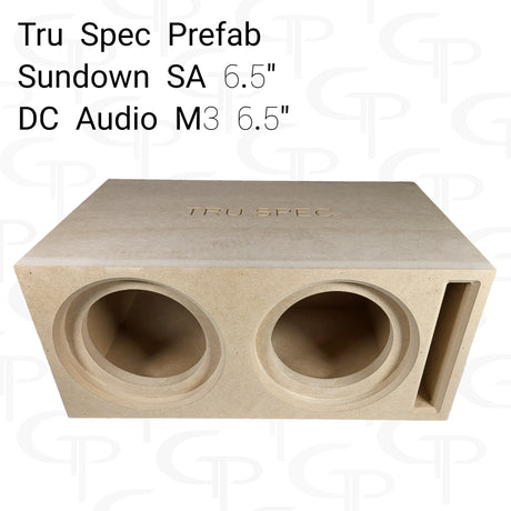 TRU SPEC dual-speaker enclosure viewed from above, showing two recessed openings and a right-hand slot port
